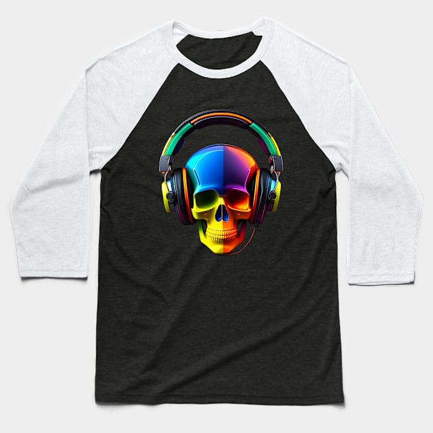 Skull With Headphones Baseball T-Shirt by SHAIKY